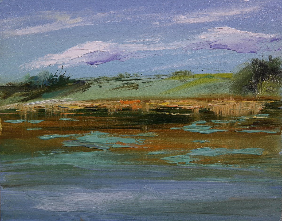 Impressionistic Landscape Oil Painting By Lena Vylusk, 10 X 8", "Lake", Original Artwork