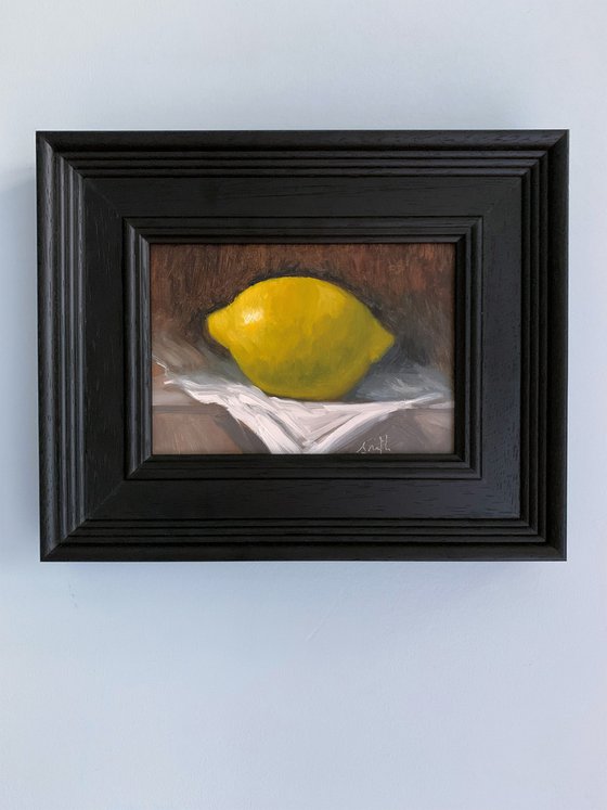 Lemon Still Life original oil realism painting, with wooden frame.