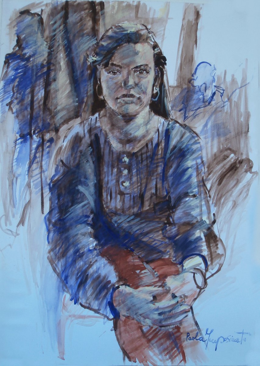 Expressive Portrait Watercolour By Paola Imposimato, 20 X 28", The Blue, Red And Sepia, Original Artwork