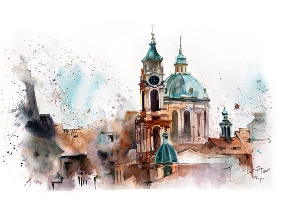 Prague Roofs Cityscape Watercolor