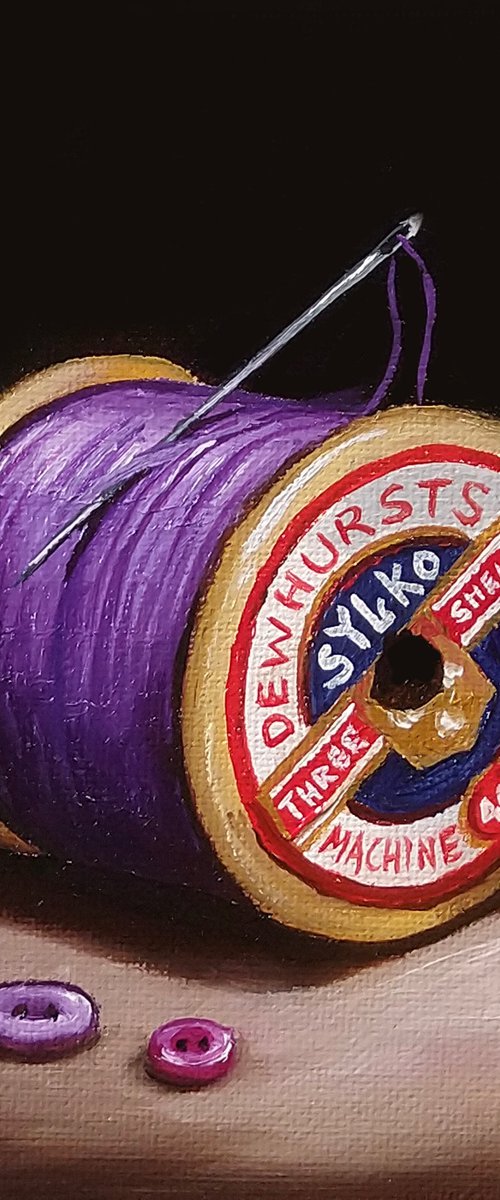 Purple Sylko Cotton and buttons still life by Jane Palmer Art