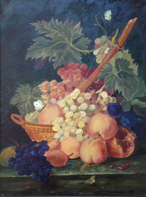Commission painting Fruit peach pear grape still life oil painting by Roman Sergienko