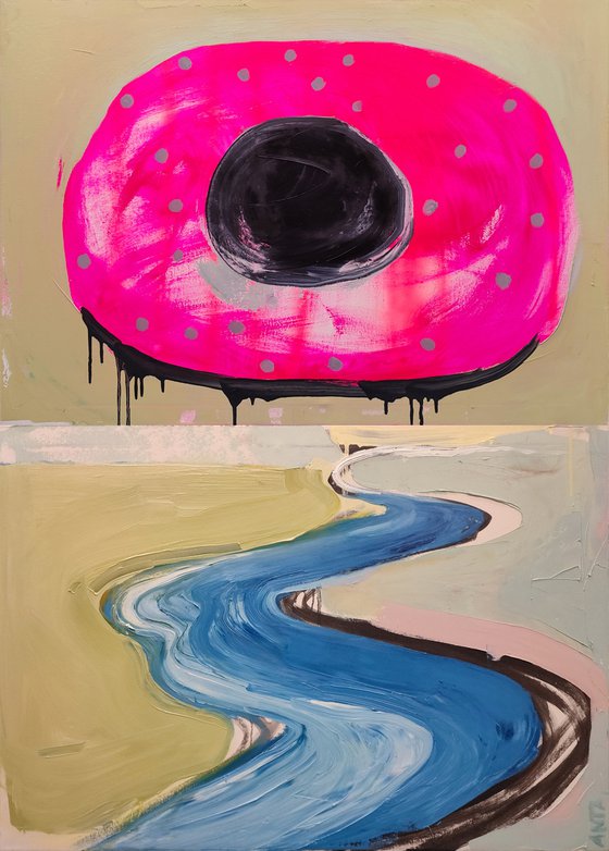 Oil painting, canvas art, stretched, "My way 16". Size: diptych 2x 39,4/ 27,6 inches (2x100/70cm).
