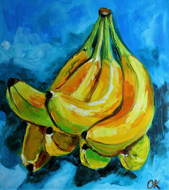 Bananas on  turquoise  Still life. Palette knife painting on linen canvas