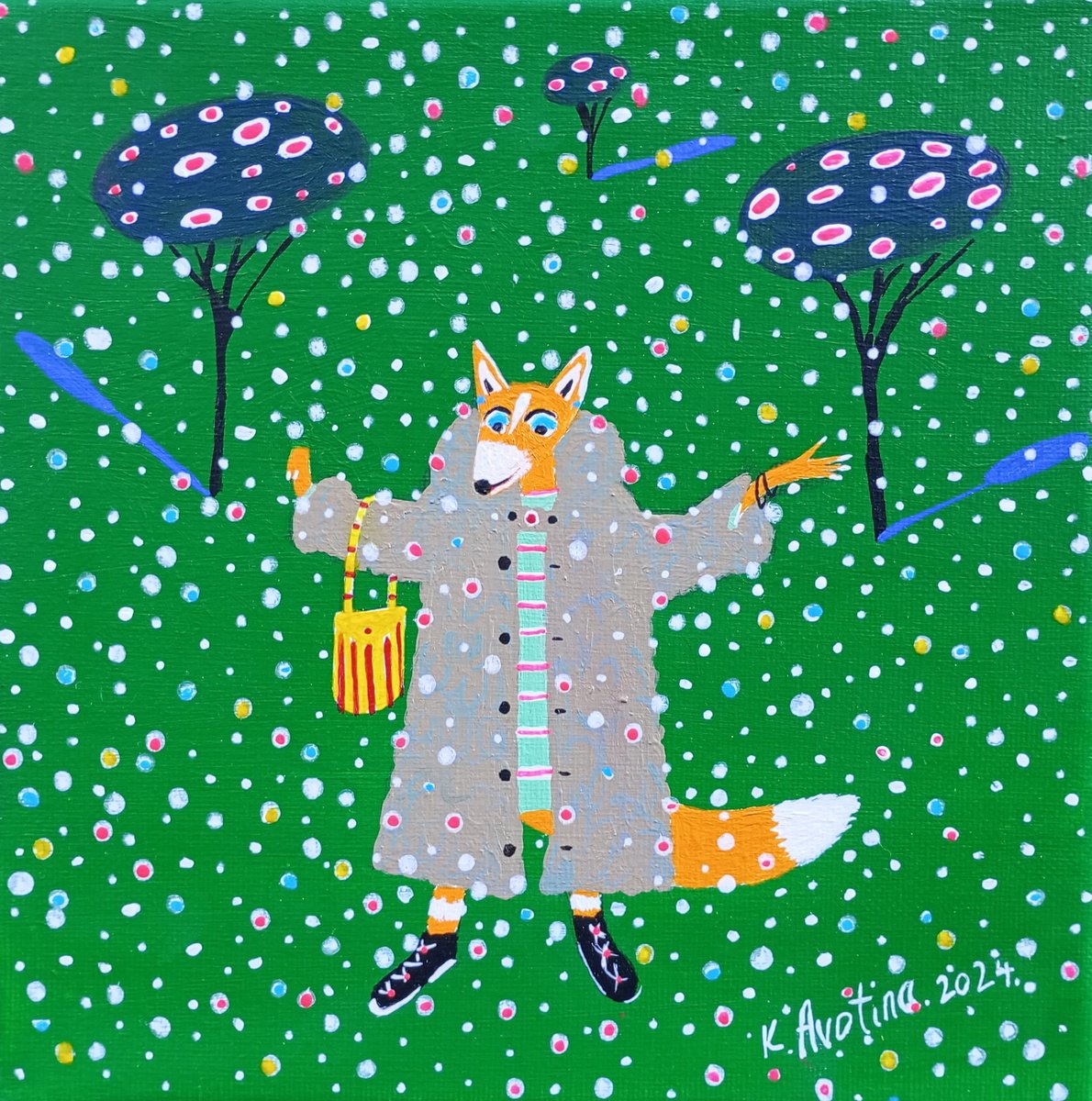 Impressionistic Animal Acrylic Painting By Katrina Avotina, 8 X 8", Attention Please!, Original Artwork