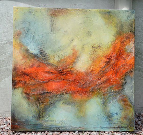 Terra rossa, 40" x 40" x 1.5"  (101 cm x 101 cm x 3.8 cm) - large orange and blue grey abstract landscape