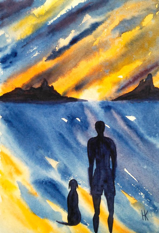 Man and Dog Painting Seascape Original Art Beach Dog Walker Watercolor Artwork Small Home Wall Art 8 by 12" by Halyna Kirichenko