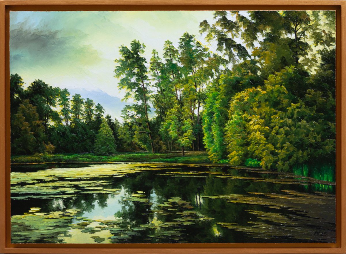 Impressionistic Landscape Oil Painting By Oleksii Vylusk, 29 X 21", Pond, Original Artwork