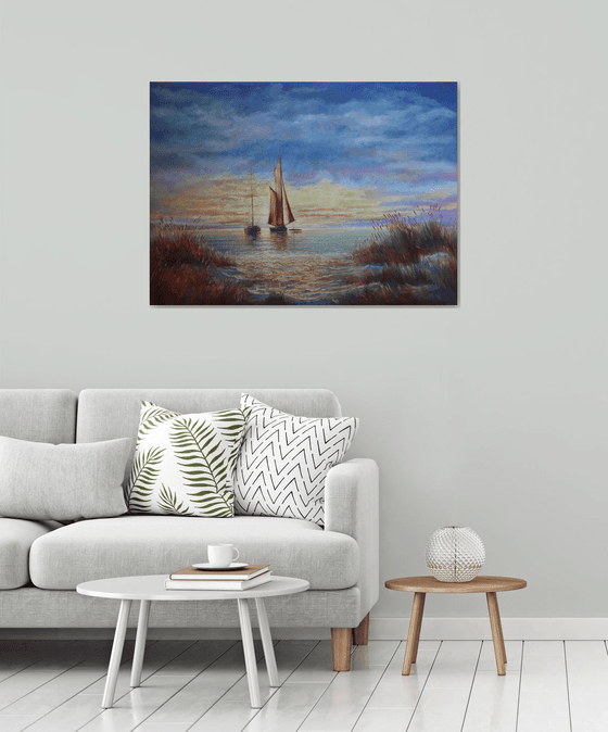 Sunrise in the Bay:linen, oil, 79x109