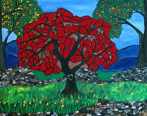 Our Initials on the red tree 16x20 romantic landscape canvas painting