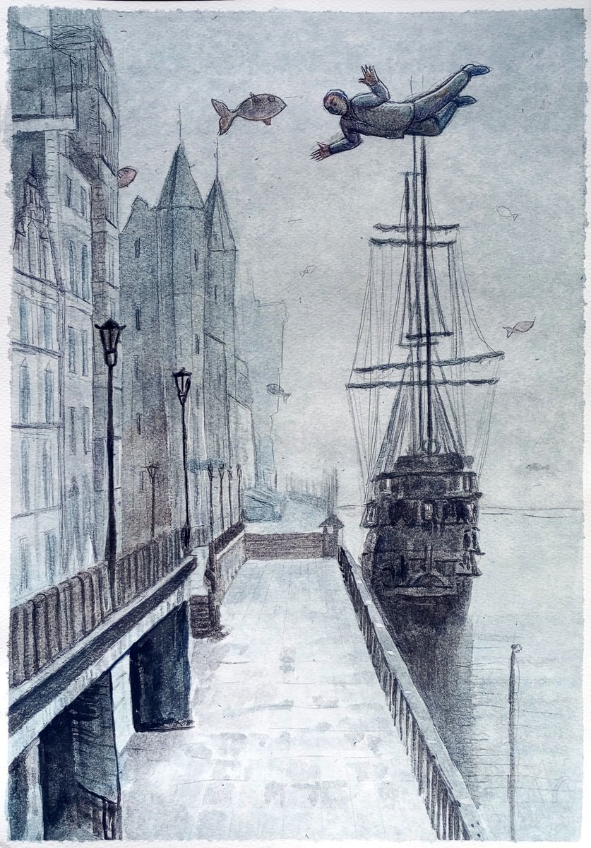 Illustrative Pastel Drawing , Flying Over The Dock By Paolo Beneforti, 10 X 15, Artwork For Sale On Artfinder