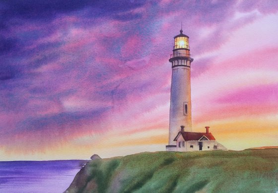 Lighthouse Sunset #2 Original Watercolor painting - seascape wall art - sunset