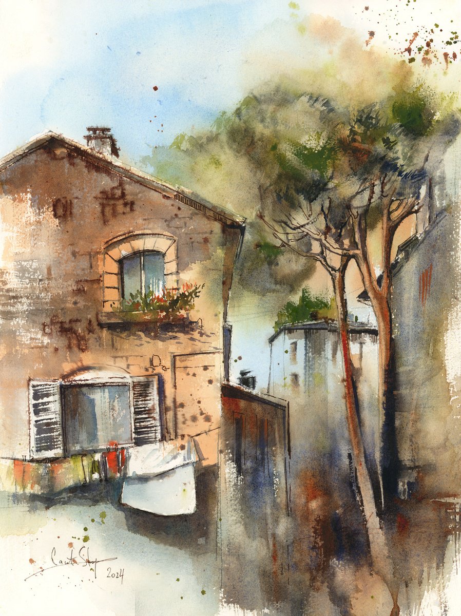 Impressionistic Landscape Watercolour By Sophie Rodionov, 12 X 16", Old Italian House, Original Artwork