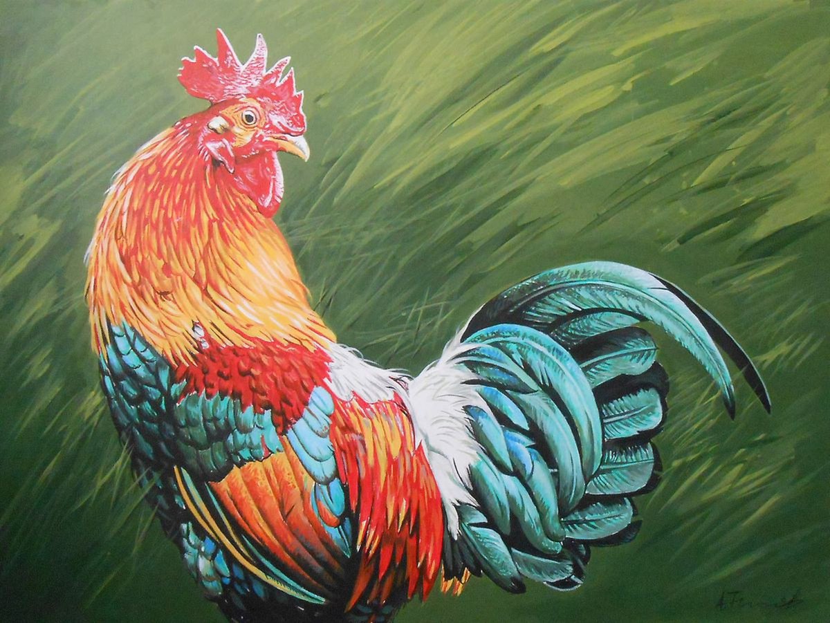 Photorealistic Animal Acrylic Painting By Alexander Titorenkov, 31 X 24, Cock, Original Artwork