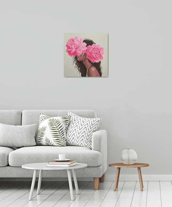 Curly girl and pink peonies