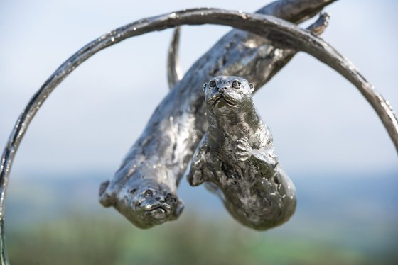 ""Through Clear Water" Otters Swimming Through Ring in Stainless Steel metal