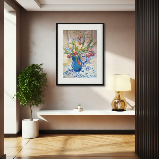 Tulips in a Blue Vase