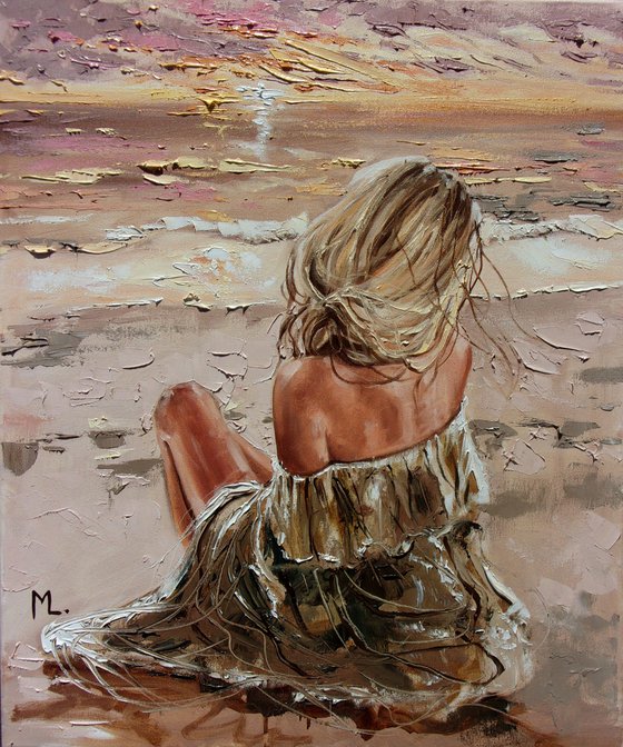 " MISSING SUMMER ... " SUN SKY SEA SAND liGHt  ORIGINAL OIL PAINTING, GIFT, PALETTE KNIFE