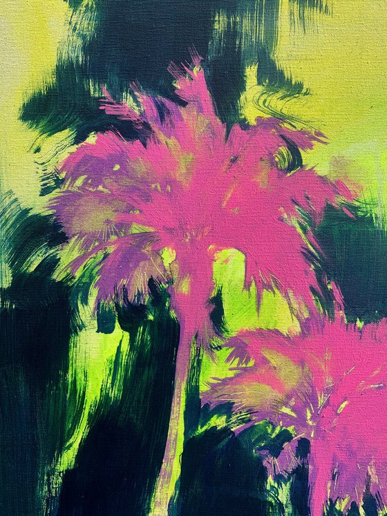 Yellow&Blue artwork - "Pink night" - Pop Art - Florida - California - Palms - Street Art - Expressionism - Sunset
