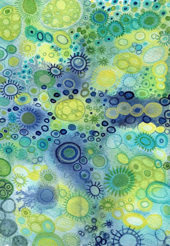 Original watercolor abstract art in green, blue and yellow