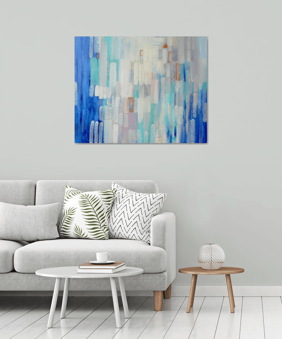 Zeros and ones (large contemporary abstract in blue and greys)