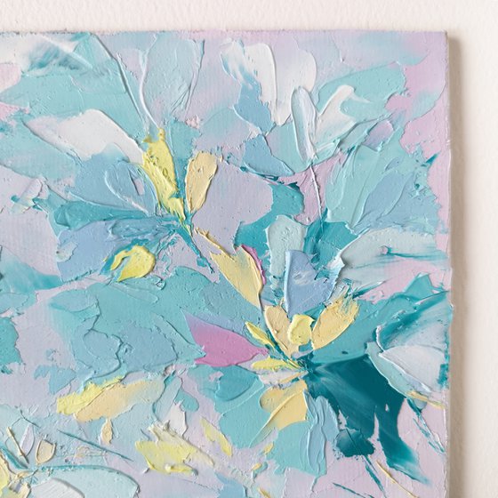 Light blue abstract flowers small oil painting "Winter in color"