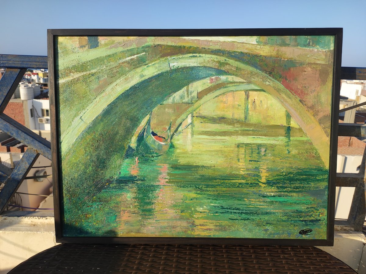 Impressionistic Landscape Oil Painting By Olga Onopko, 31 X 24", Italian Boat, Original Artwork