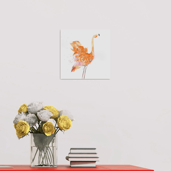 Floral Feathers, Original Flamingo painting, flamingo wall art, Rose painting, Orange and pink