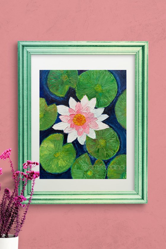 Beautiful water lily! Oil painting on panel