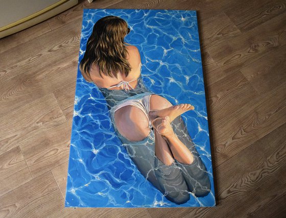 "My sweet august" -  100 x 60 cm / woman in pool, photorealism, water, summer, realistic, swimmer