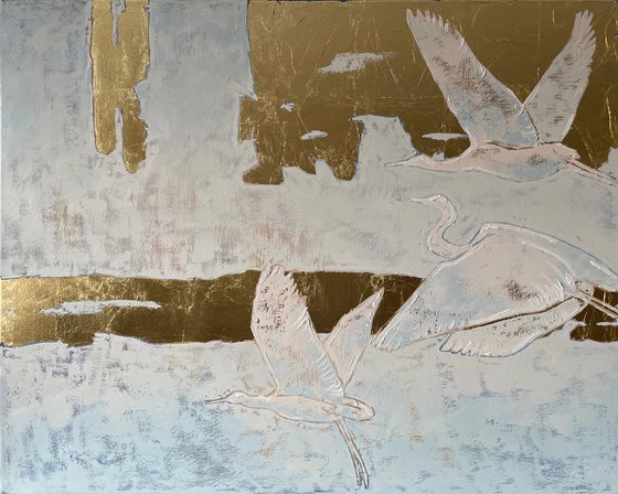 Flight of birds. Original oil painting, potal. Storks