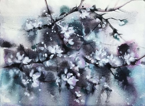 Thousands of cherry blossoms 3. One of a kind, original painting, handmad work, gift, watercolour art. by Galina Poloz