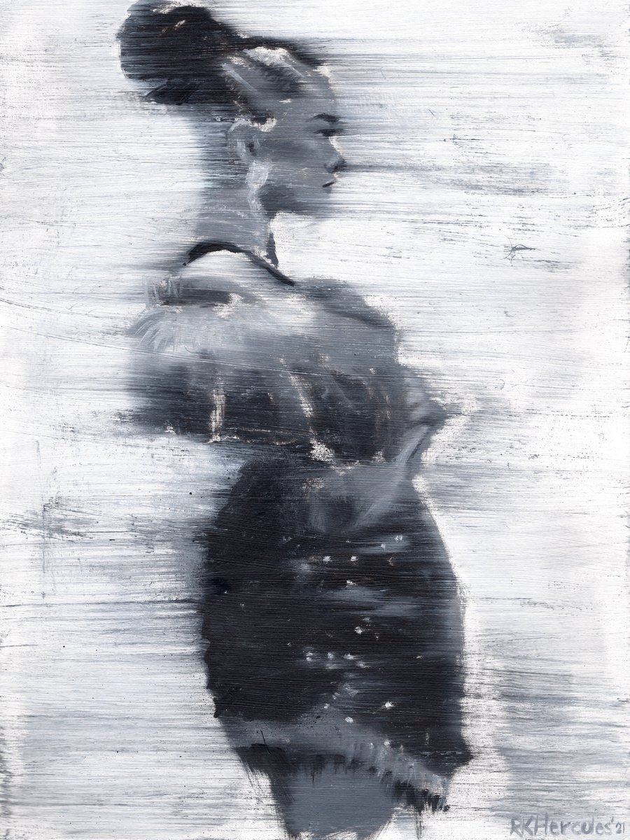 Yling | Black and white oil painting on paper | fashion muse model woman lady by Renske Karlien Hercules
