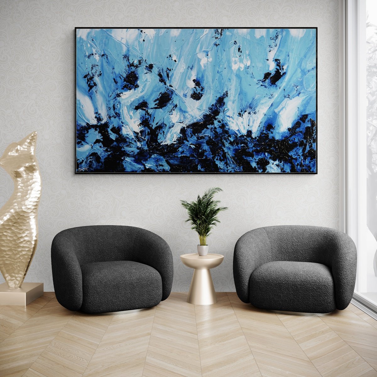 Abstract Landscape Acrylic Painting By Franko, 79 X 47, Pure Aqua, Original Artwork