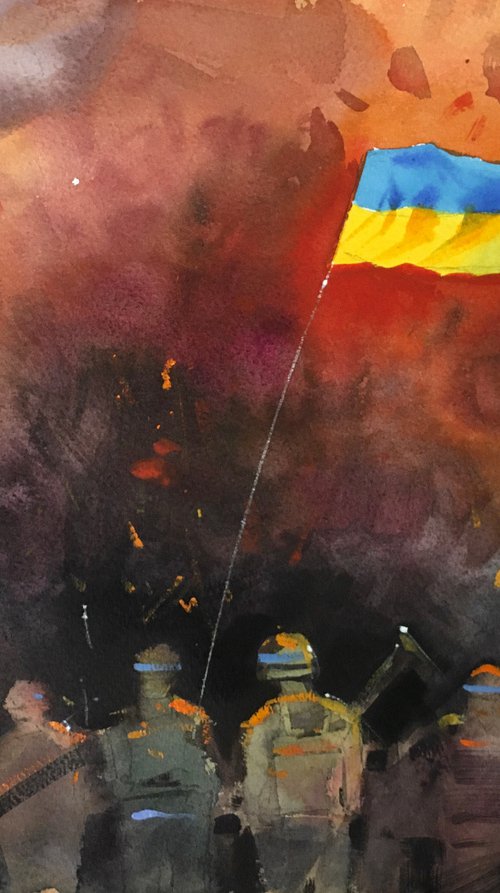 Together we will win in Ukraine! Original watercolor painting by Ukrainian artist by Andrii Kovalyk