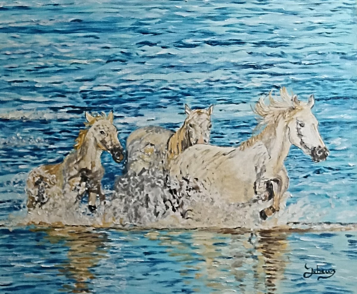 Impressionistic Animal Oil Painting By Isabelle Lucas, 18 X 15, Horses And Sea, Original Artwork