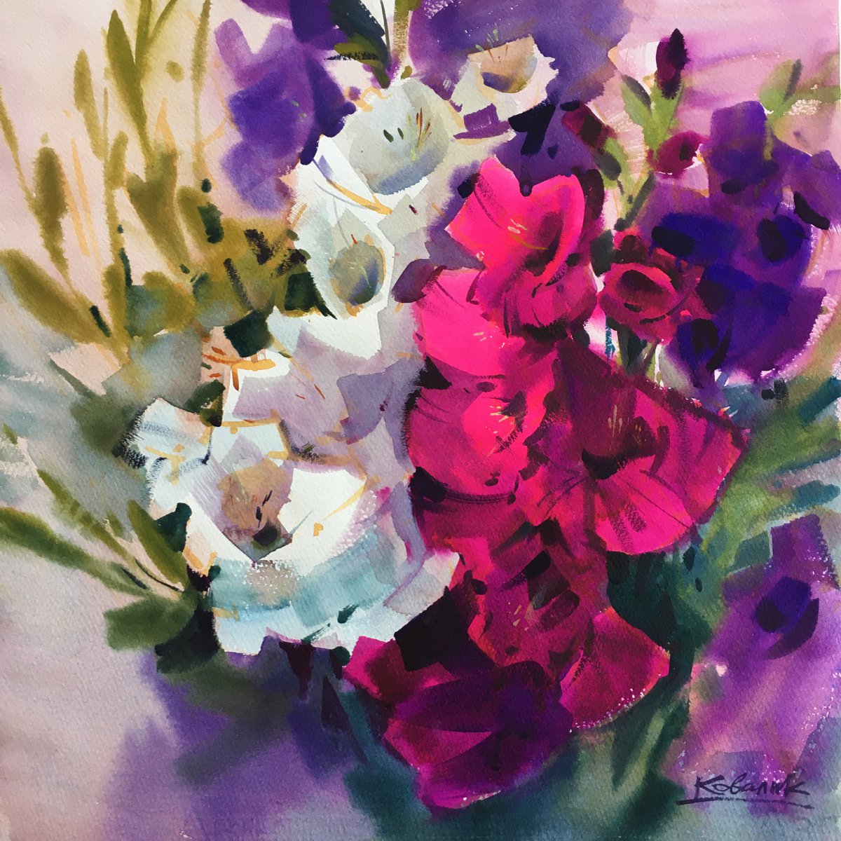 Impressionistic Botanical Watercolour By Andrii Kovalyk, 15 X 15, Flowers Of Summer, Original Artwork