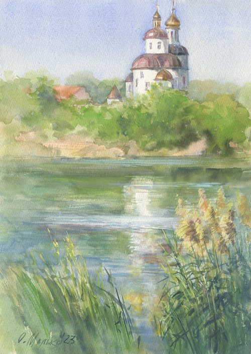 A church above the river / ORIGINAL watercolor ~11x14in (28x37cm) by Olha Malko