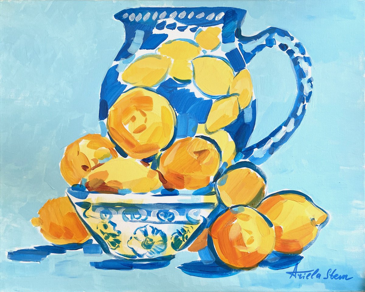  Blue Still Life With Lemons By Ariela Stem, 20 X 16, Artwork For Sale On Artfinder