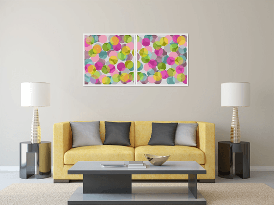 Abstract multicolored bright circles pink gray green turquoise- Diptych #1 & #2