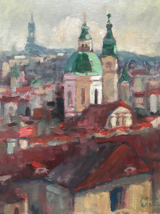 Original Oil Painting Wall Art Artwork Signed Hand Made Jixiang Dong Canvas 25cm × 30cm Red Roof Prague small building Impressionism