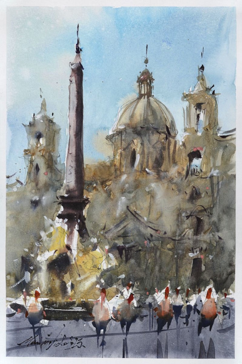 Impressionistic Cityscapes Watercolour By Marin Victor, 9 X 14", Rome, Watercolor On Paper., Original Artwork