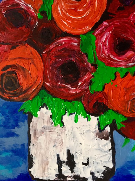 BOUQUET OF Red  Roses textured acrylic painting, palette knife artwork