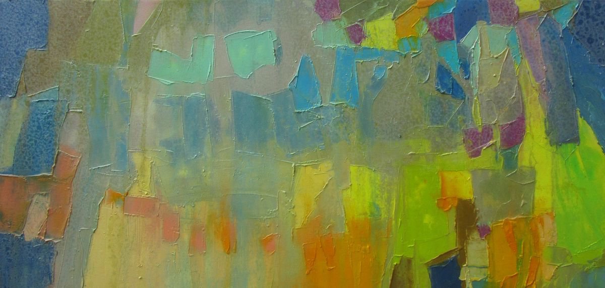 Abstract Cityscapes Oil Painting By Abhishek Kumar, 41 X 19, Read The City Ix, Original Artwork