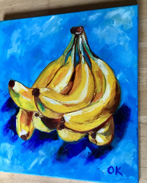 Bananas on  turquoise  Still life. Palette knife painting on linen canvas