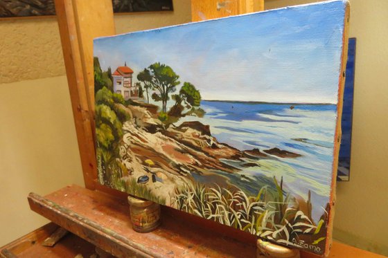 The seaside house, Seascape, Original Oil Painting by Anne Zamo