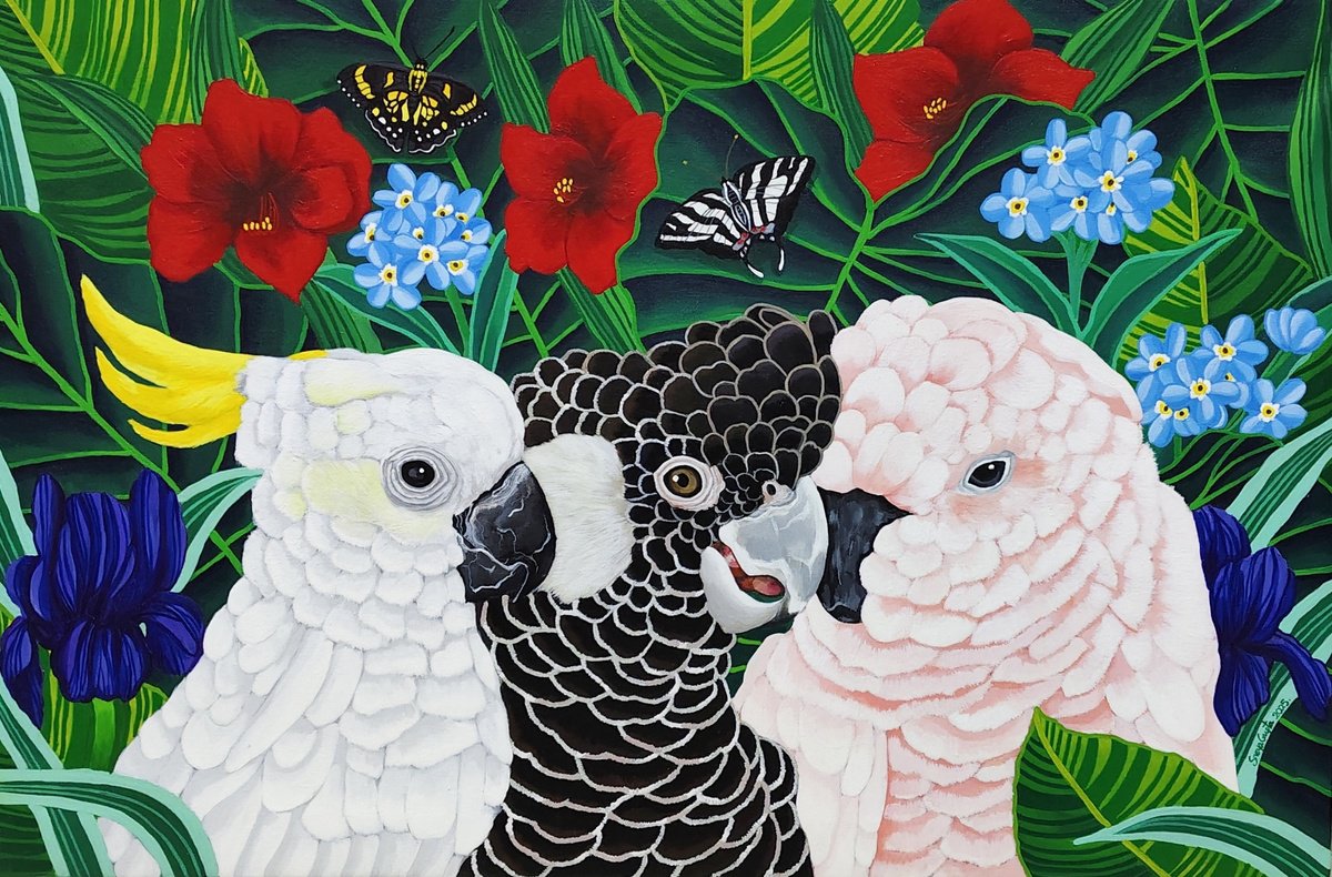 Photorealistic Animal Acrylic Painting By Sreya Gupta, 36 X 24", Parrot Paradise Ii, Original Artwork