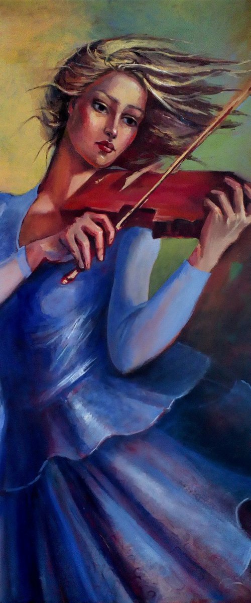 Violinist in a Blue Dress- 80 x 100cm Original Oil Painting by Reneta Isin