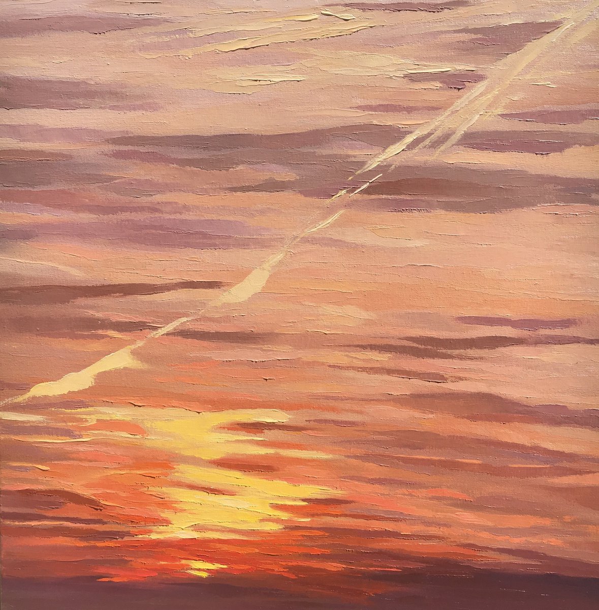 Abstract Landscape Oil Painting By Ulyana Korol, 16 X 16", Sunset In Wonderland, Original Artwork