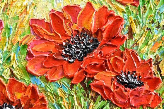 Red Poppies - Original Impasto Floral Painting, Palette Knife Textured Wall Art Canvas